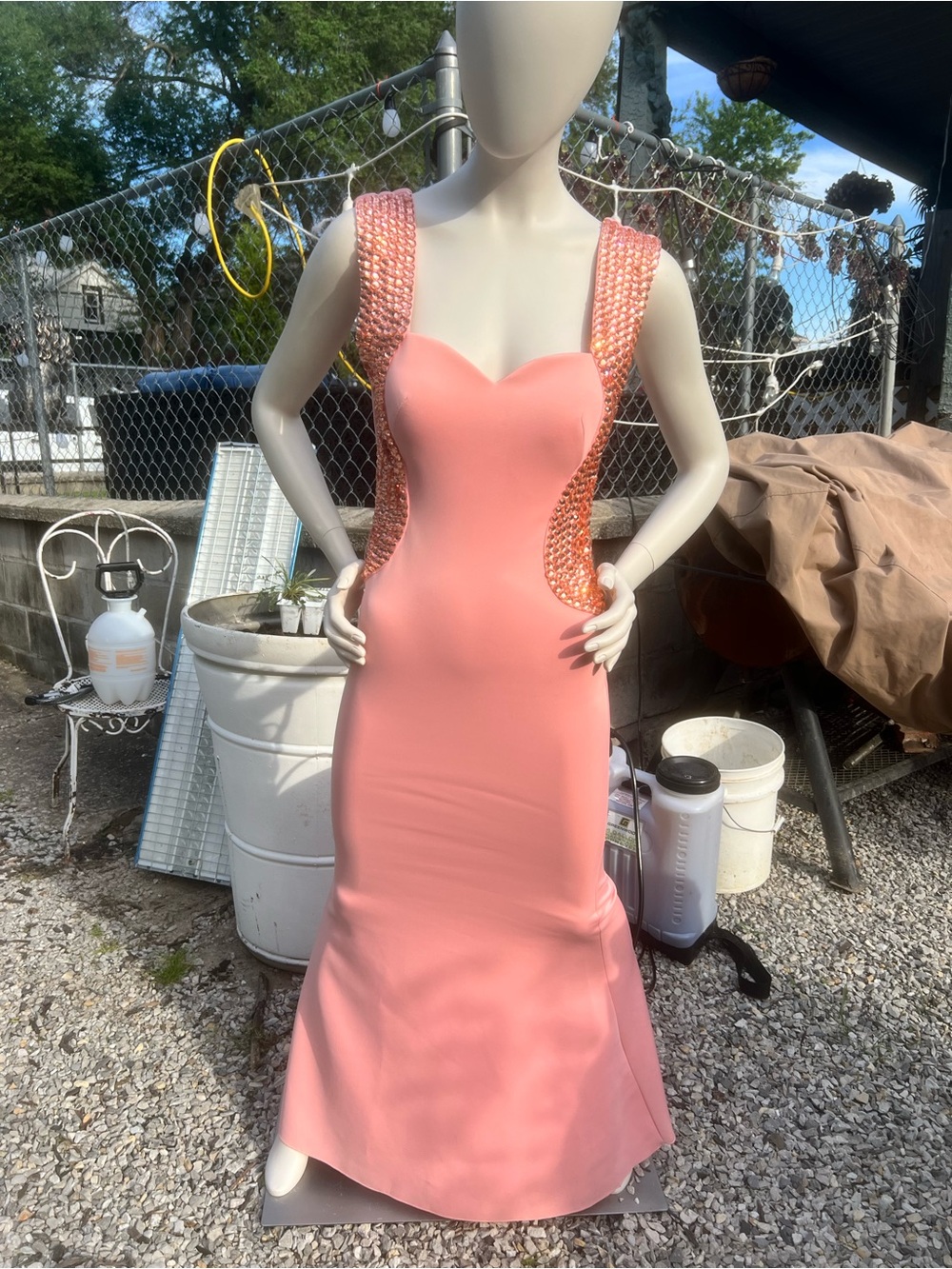 Elegant Coral Pink Beaded Evening Gown